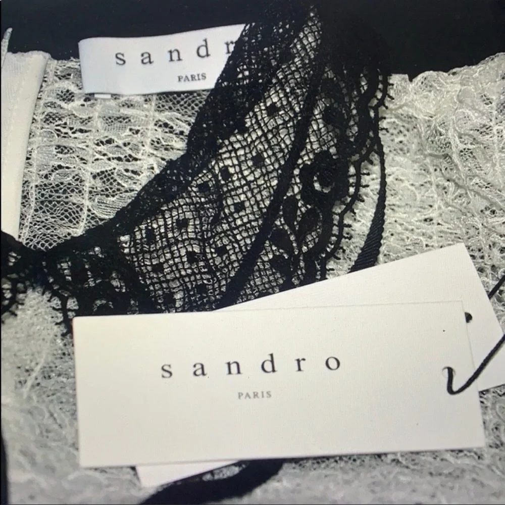 Sandro Flavia Dress Black White Eyelash Lace Flare Brocade - Picture 14 of 15
